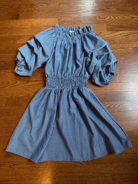 Blue Pinstripe Kids Dress with Smocked Waist
